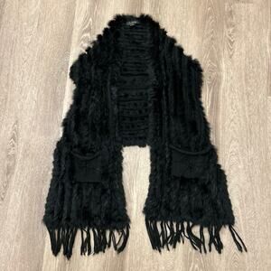 Y2K Cartise Rabbit Fur Knit Vest Open Front Scarf Vest Black Medium